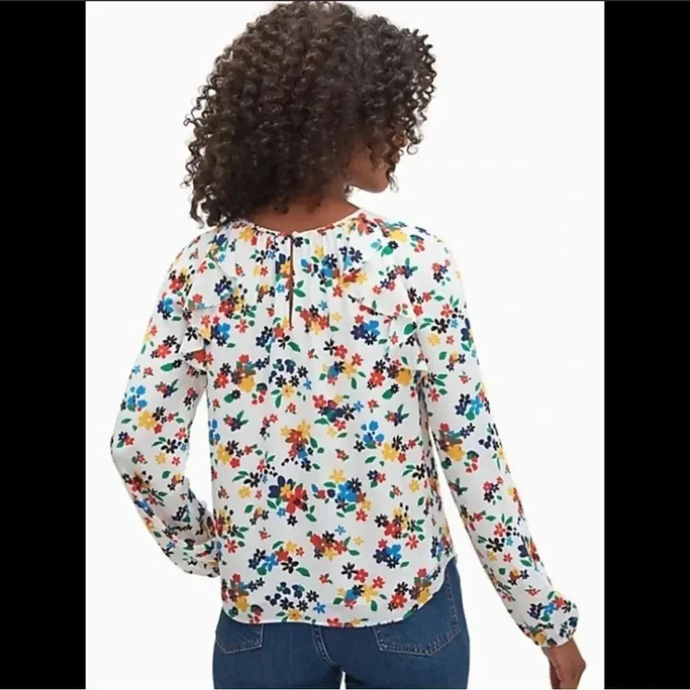 Kate Spade Sailing Floral Ruffle Blouse Ivory Multi Long Sleeve Top NWT Size XL - Picture 3 of 15